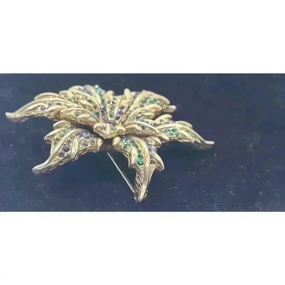 Vintage Flower Brooch Gold With Green & Blue Rhinestones & Cabochon Figural